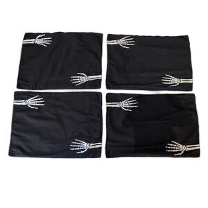 Max Studio Home Skeleton Hand Placemats Set 4 Black Cotton Halloween Goth Spooky